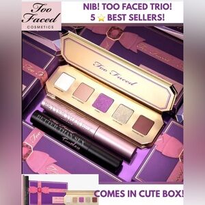 NIB! TOO FACED TRIO! EYESHADOW BEST SELLERS PALETTE & 2 MASCARAS, & GIFT BOX!